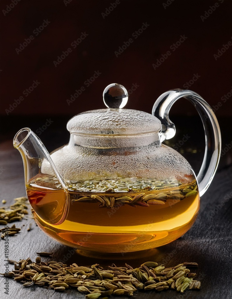 A glass teapot filled with fennel tea sits on a dark surface, surrounded by loose fennel seeds. A glass teapot filled with fennel tea sits on a dark surface, surrounded by loose fennel seeds.