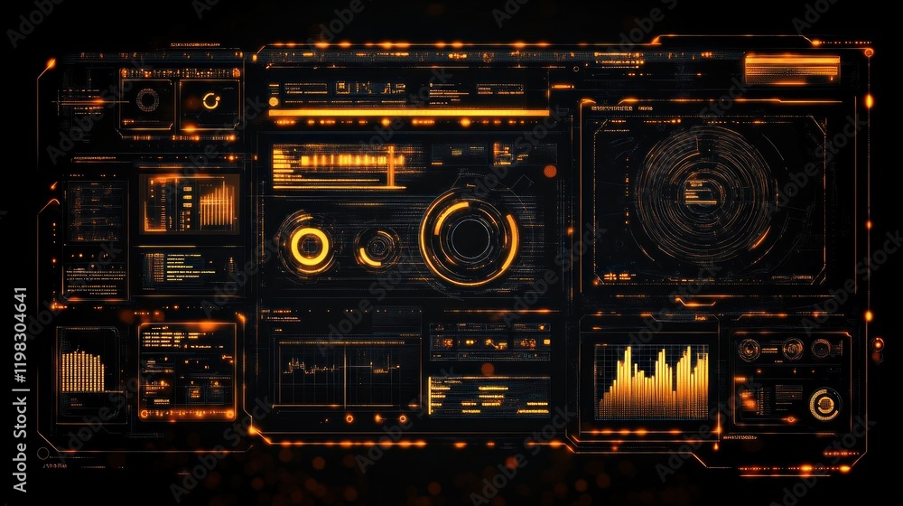 Fototapeta premium Futuristic HUD interface with glowing orange elements displaying various data graphs, charts, and digital readouts on a dark background.