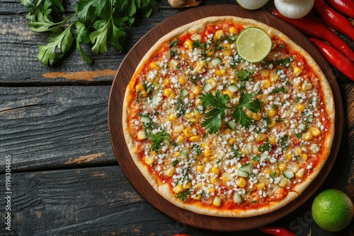 Close up vertical view of esquisites a Mexican corn dish with lime onion herbs cotija cheese and chili on the plate photo