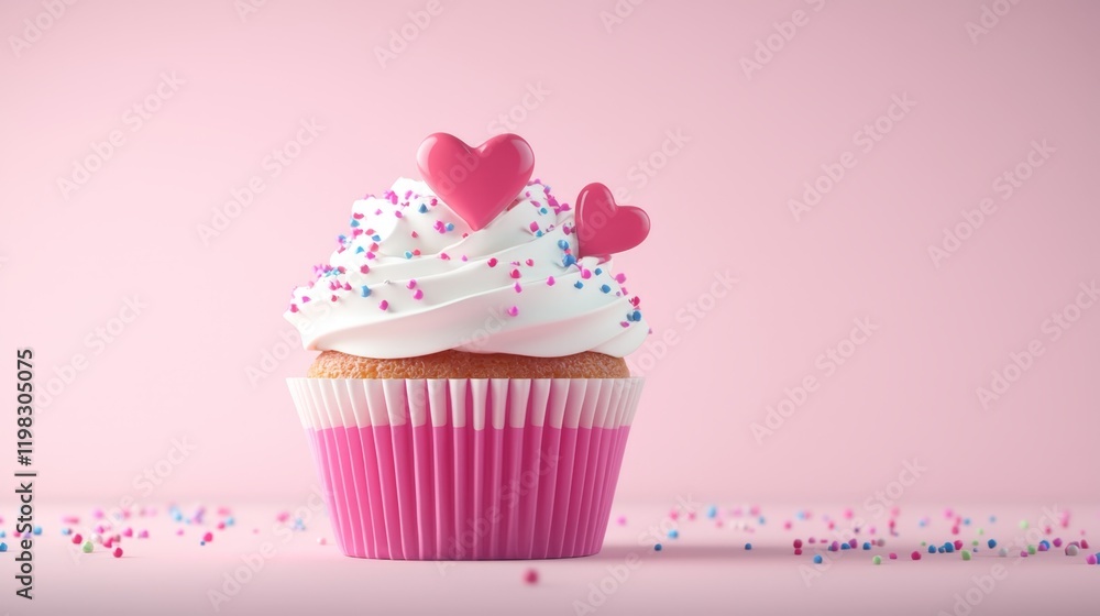 Playful Valentine Day Cupcake with Heart Toppers and Sprinkles on Pink Background Playful Valentine Day Cupcake with Heart Toppers and Sprinkles on Pink Background