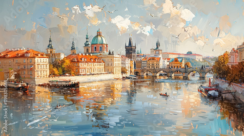 Wallpaper Mural Painting of a city with a bridge and a church. The sky is orange and the water is calm Torontodigital.ca