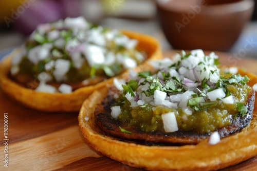 Corn masa cups topped with tomatillo salsa Oaxaca cheese and onion photo