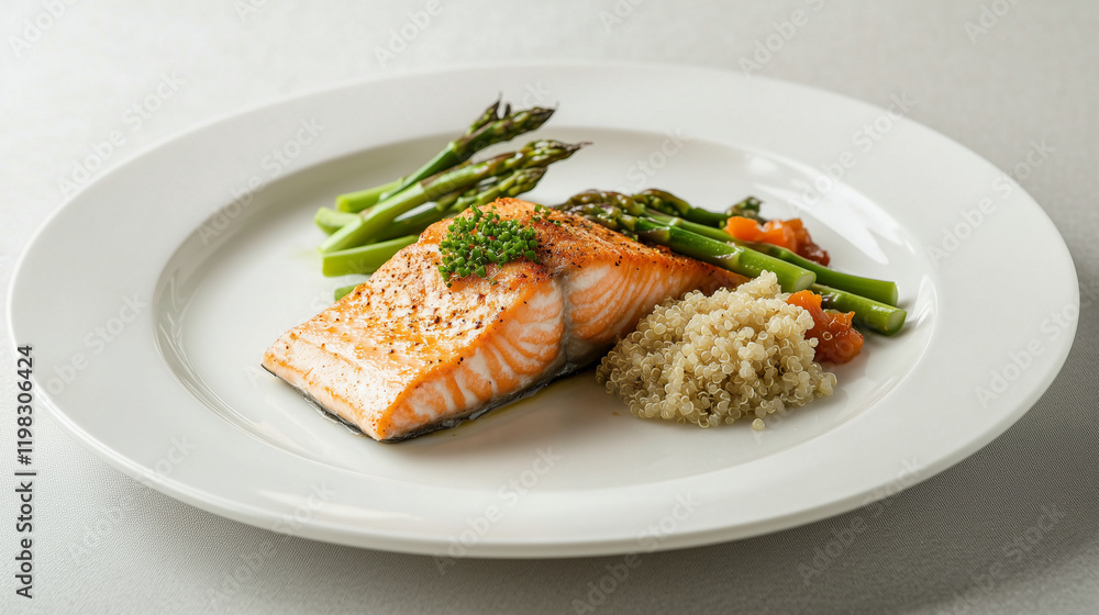 A plain, white plate with a small portion of salmon, asparagus, and sweet potato, balance diet A plain, white plate with a small portion of salmon, asparagus, and sweet potato, balance diet