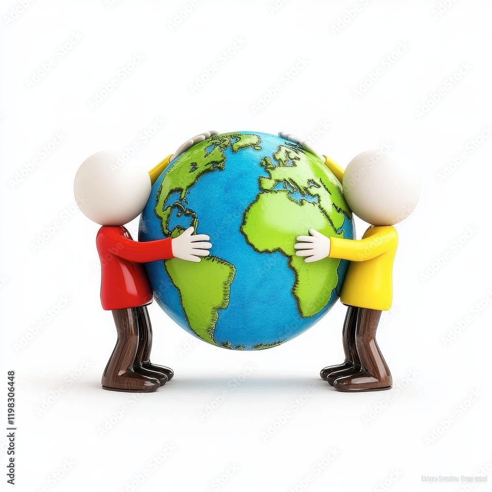 Two Cartoon Characters Embracing Globe for Global Unity Concept Two Cartoon Characters Embracing Globe for Global Unity Concept