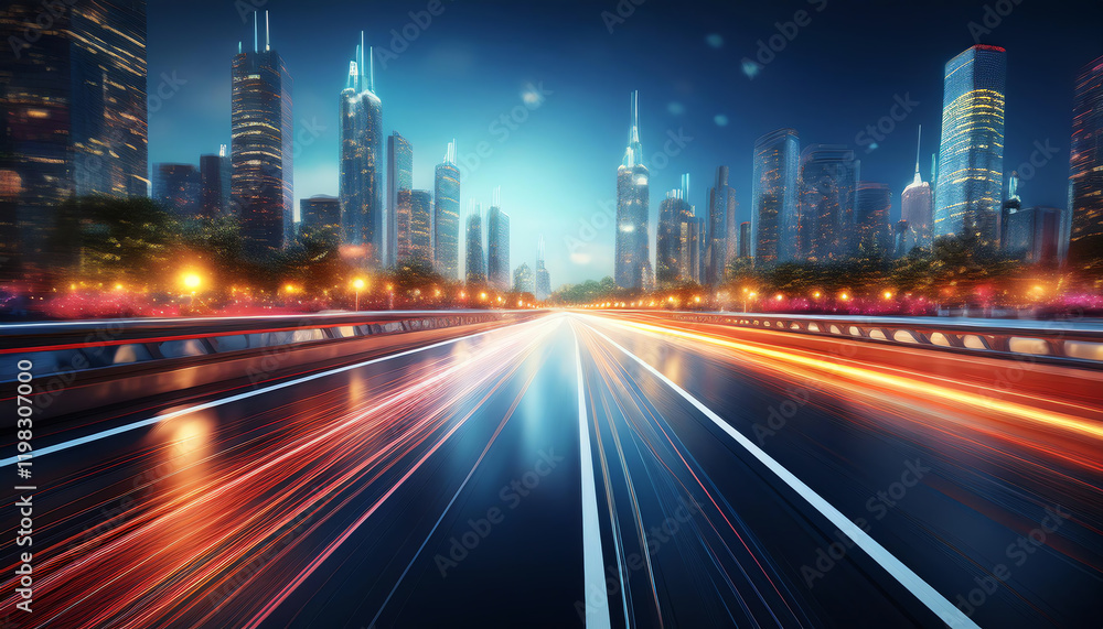 A vibrant cityscape at night, showcasing illuminated skyscrapers and light trails from moving vehicles on a wet road. A vibrant cityscape at night, showcasing illuminated skyscrapers and light trails from moving vehicles on a wet road.
