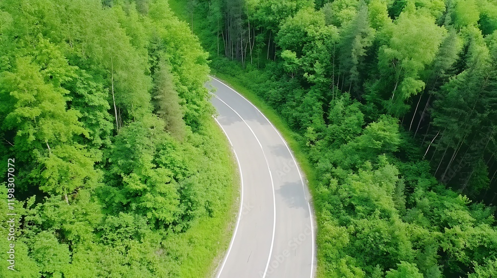 Winding road through lush green forest, aerial view Winding road through lush green forest, aerial view