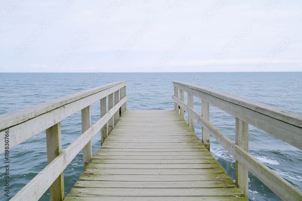 Wooden pier extending into calm sea, overcast sky. Peaceful coastal scene, travel, nature Wooden pier extending into calm sea, overcast sky. Peaceful coastal scene, travel, nature