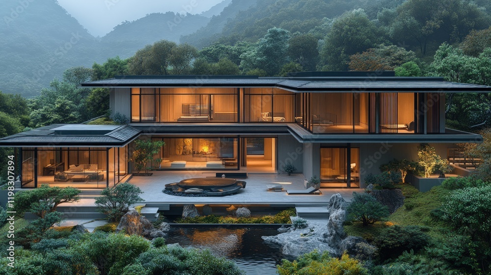 Obraz premium Modern mountain home, night view, serene garden, Asian-inspired architecture