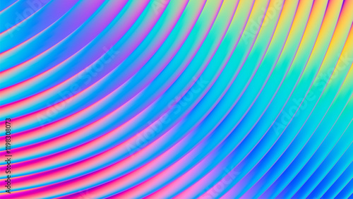 Iridescent futuristic neon ribbed fractal glass texture with vibrant gradient waves and bright smooth fluted curved lines. Bold dynamic design blending radiant neon tones for modern visual art project