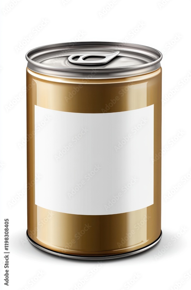 Gold Metallic Can with Blank Label for Custom Design, Isolated on White Background, Ideal for Packaging, Advertising, and Marketing Purposes Gold Metallic Can with Blank Label for Custom Design, Isolated on White Background, Ideal for Packaging, Advertising, and Marketing Purposes