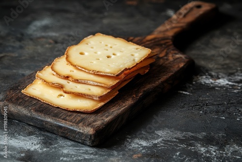 Dark backdrop with slices of cheddar or kashkaval cheese on a board photo