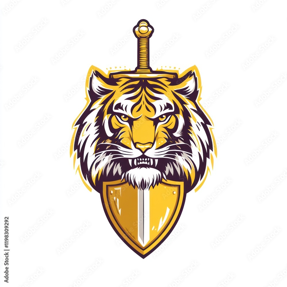Obraz premium Tiger head with sword and shield emblem for a game or logo, on a plain background