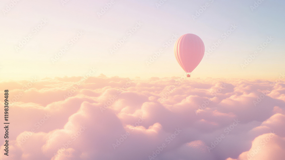 Obraz premium Pastel-colored balloon drifting across a clear sky with soft clouds. Freedom, joy, lightness, happiness, airy, dreamy.