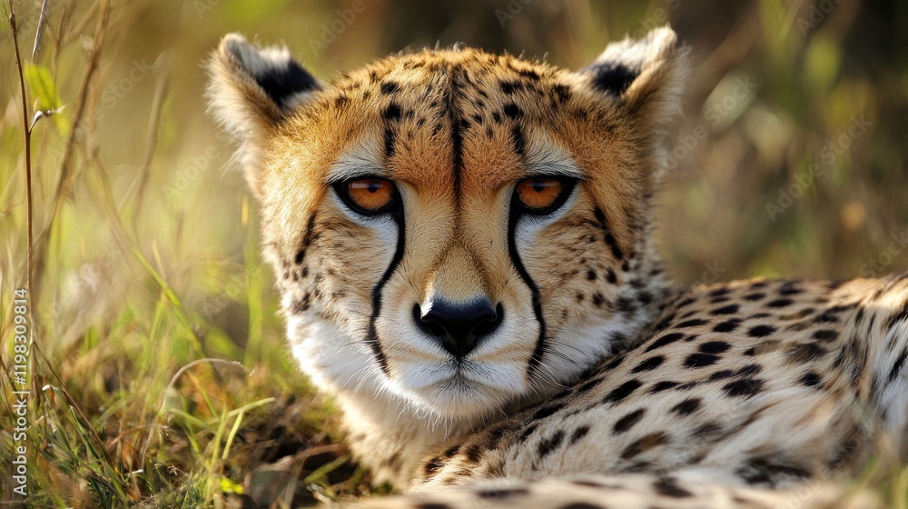 Close-up of a cheetah resting in tall grass, intense gaze.