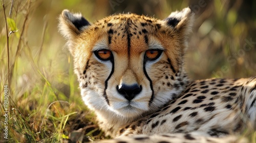 Obraz na płótnie Close-up of a cheetah resting in tall grass, intense gaze. w salonie