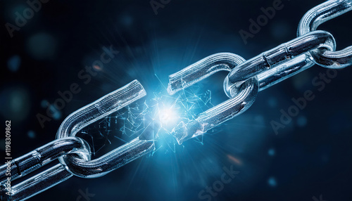 broken digital chain glowing against dark background symbolizes security risks and vulnerabilities
