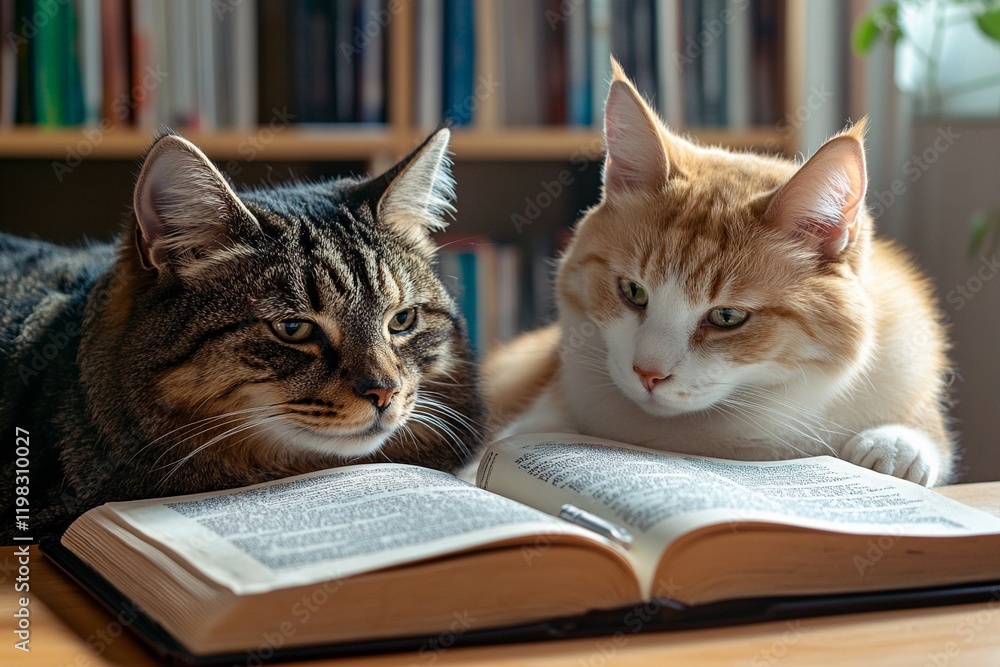 A cat and a dog studying grammar together A cat and a dog studying grammar together