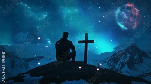 a young man who is contemplating on a beautiful mountain in front of a cross who is contemplating his mistakes. seamless looping time-lapse virtual 4k video Animation Background.	