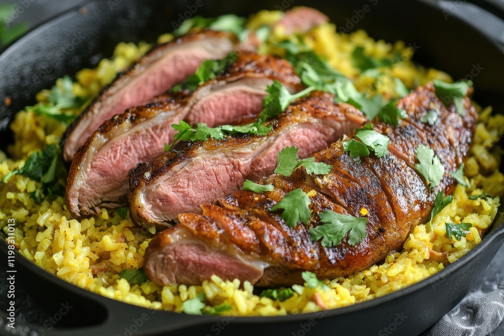 Duck cooked on a grill with napa cabbage and saffron rice in a skillet Duck cooked on a grill with napa cabbage and saffron rice in a skillet