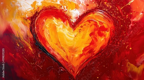 vibrant heart-shaped painting in fiery reds and oranges, symbolizing the intense passion and excitement of Valentine's Day.