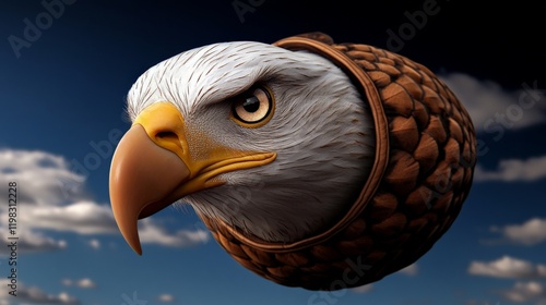 Eagle in Acorn Shell: A majestic bald eagle's head, powerfully rendered, is nestled within a realistic acorn shell against a dramatic, cloudy sky. This surreal image evokes themes of strength. photo