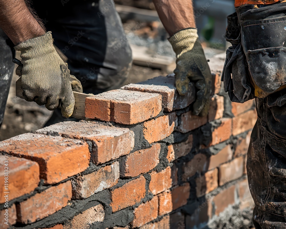 a bricklayer installing bricks on-site a bricklayer installing bricks on-site