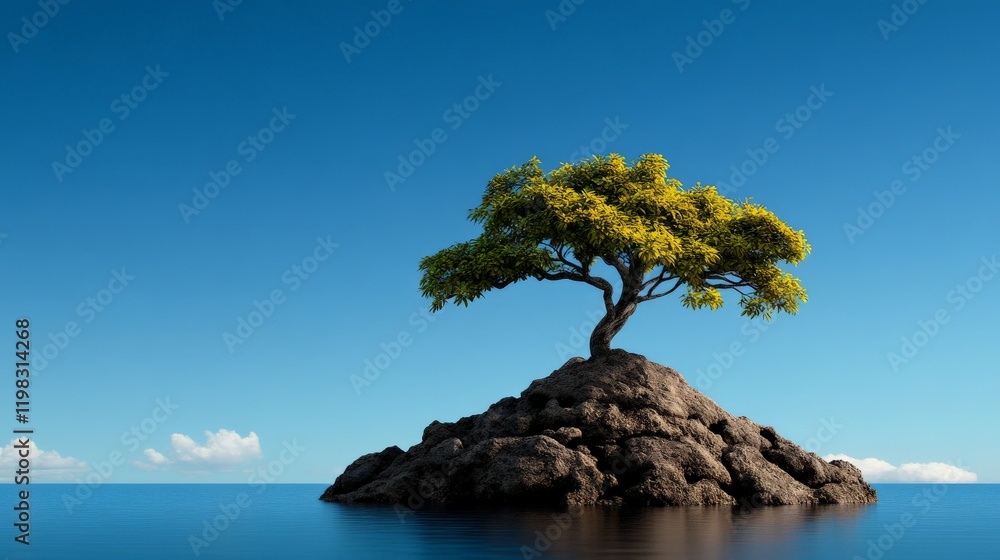 Solitary Tree on a Rock Island: A lone tree with vibrant yellow-green leaves stands majestically on a small, rocky island in the middle of a calm, blue ocean under a clear sky. Solitary Tree on a Rock Island: A lone tree with vibrant yellow-green leaves stands majestically on a small, rocky island in the middle of a calm, blue ocean under a clear sky.