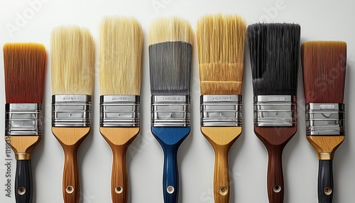 Vibrant Palette A Closer Look at a Set of Paint Bristle Brushes Ready for Construction and Repair Work on a White Backdrop. photo