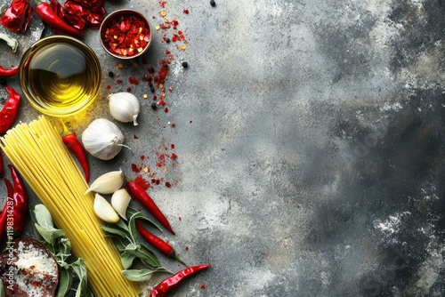 Garlic and oil pasta dish Classic Italian dish served with chili peppers on a concrete surface Bird s eye view room for text photo