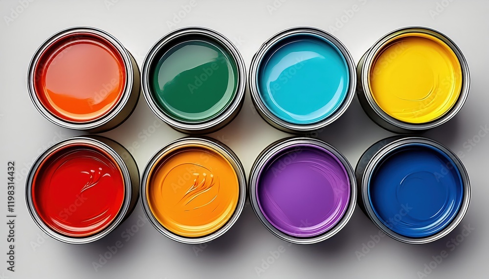 Highdefinition Top View of Vibrant Paint Cans in White Background Bold and Colorful Artistic Composition with Isolated Canvas on a Clean Backdrop Highdefinition Top View of Vibrant Paint Cans in White Background Bold and Colorful Artistic Composition with Isolated Canvas on a Clean Backdrop