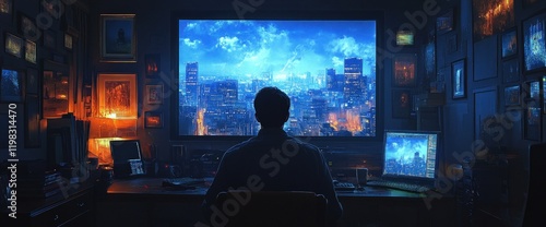 Wallpaper Mural Night cityscape view from home office.  Man works late.  Use website, blog Torontodigital.ca