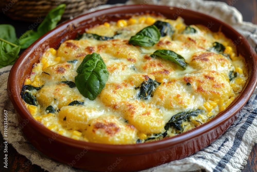 Gnocchi made from sweet corn polenta served with spinach and cheese Gnocchi made from sweet corn polenta served with spinach and cheese