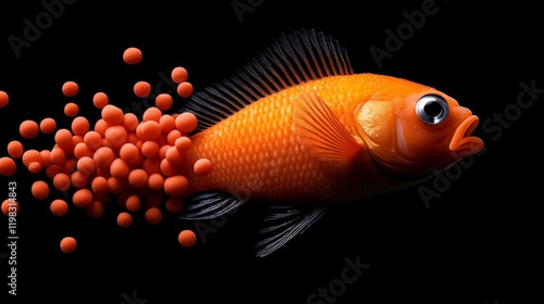 Orange Fish and Pellets: A vibrant orange fish, seemingly bursting with energy, is depicted against a stark black background, with a trail of bright orange fish food pellets streaming behind it. photo