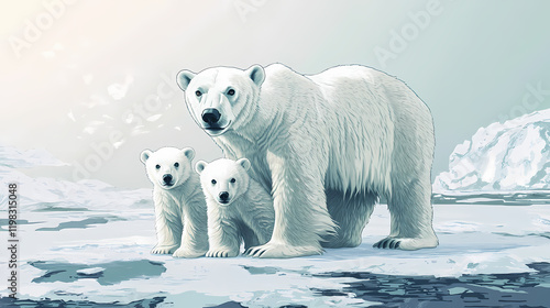 Illustration of a polar bear mother standing vigilantly with her two cubs in an icy habitat. sundrift. illustration. Sundrift. Illustration photo