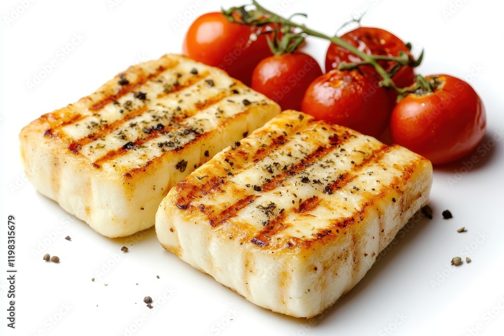 Grilled Halloumi with Cherry Tomatoes Delicious Starter Salad Keto Paleo Lunch on White Background Grilled Halloumi with Cherry Tomatoes Delicious Starter Salad Keto Paleo Lunch on White Background