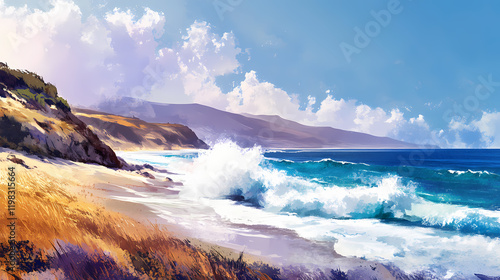 Majestic pacific ocean waves crashing on jalama beach shore with spectacular spindrift spray captured in dramatic portrait photography. sundrift. illustration. Sundrift. Illustration photo