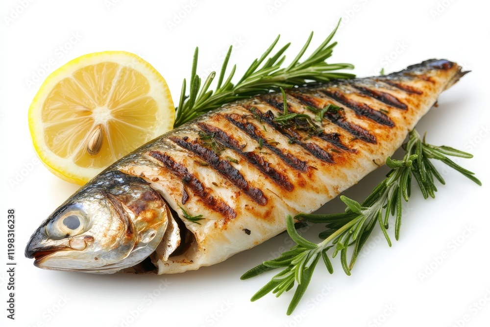 Grilled mackerel with rosemary and lemon on a white background Grilled mackerel with rosemary and lemon on a white background
