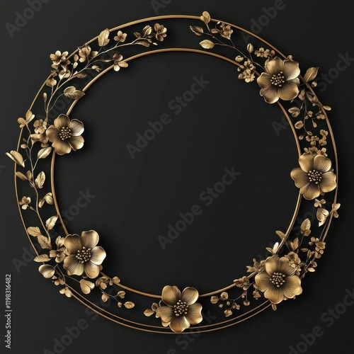 Golden floral wreath frame on black background; ideal for invitations or cards