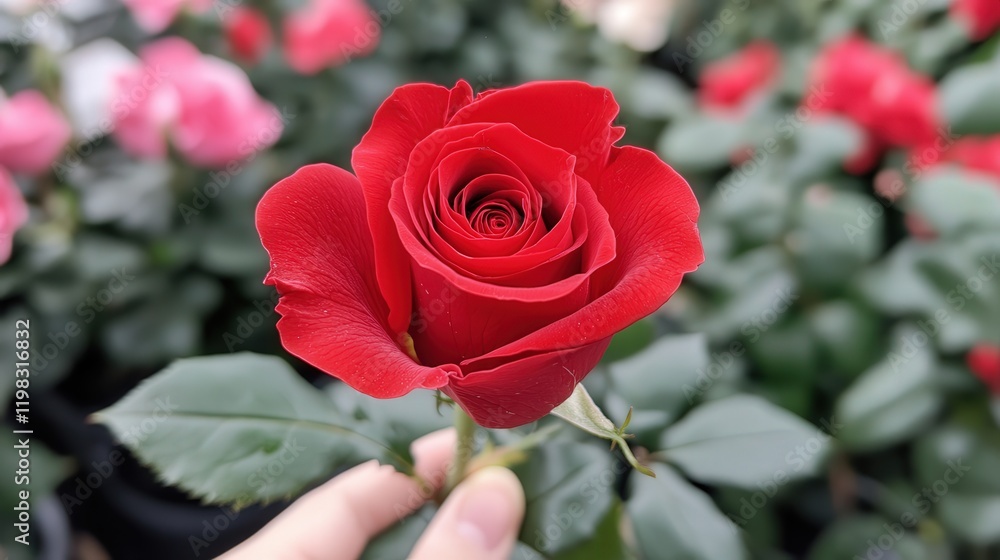 single red rose gently held in a hand with love, a perfect Valentine Day gift for someone special.