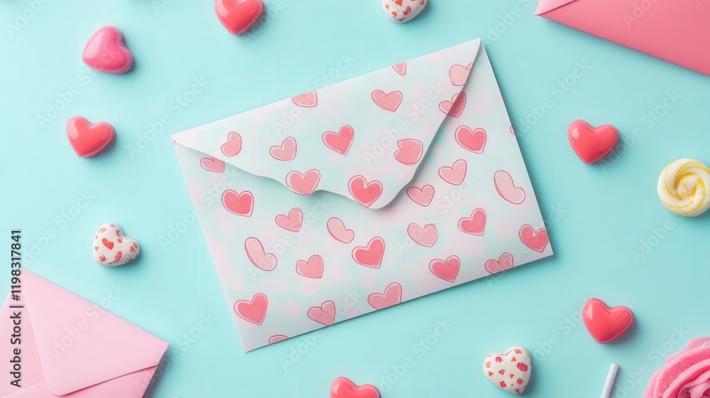 Valentine's Day letter with playful patterns, lying on a pastel desk with heart-shaped candies Valentine's Day letter with playful patterns, lying on a pastel desk with heart-shaped candies