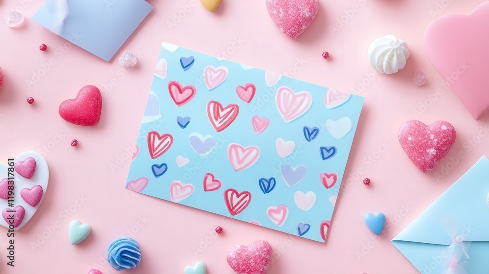 Valentine's Day letter with playful patterns, lying on a pastel desk with heart-shaped candies Valentine's Day letter with playful patterns, lying on a pastel desk with heart-shaped candies