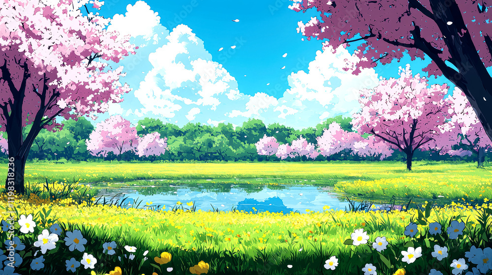 Obraz premium Springtime Dream: Serene Cherry Blossom Landscape, Peaceful Nature Scene, Vibrant Colors, Sunny Day