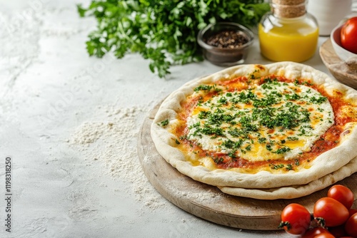 Homemade Mediterranean flatbread topped with cheese for breakfast styled as manakeesh photo