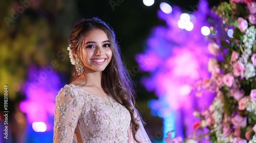 Smiling Quincea?era, evening party, floral backdrop photo