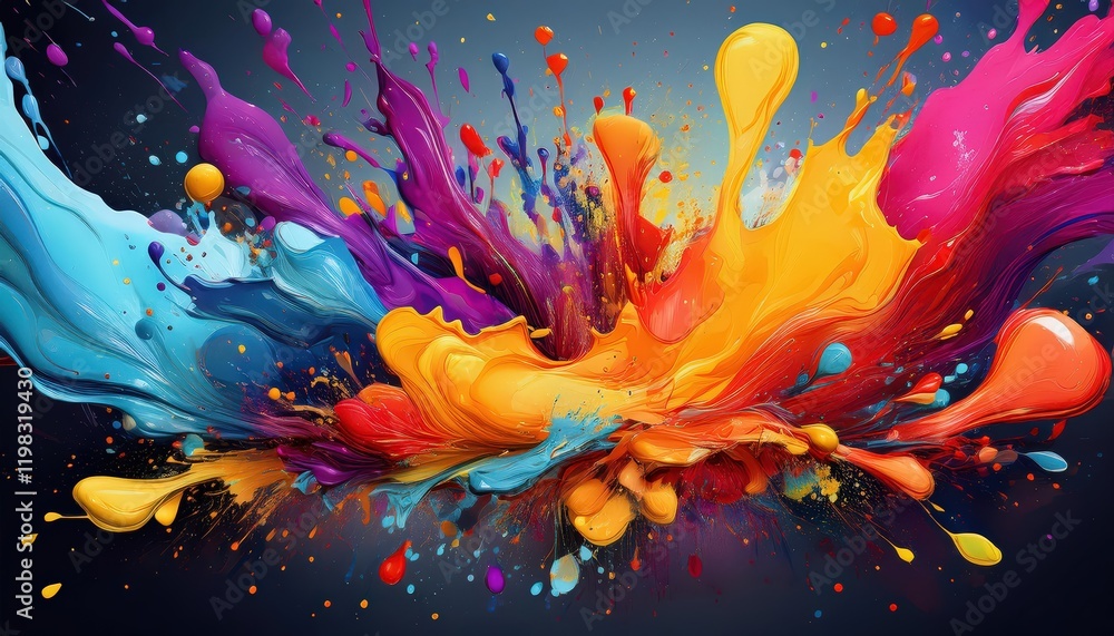 Striking Abstraction A Colorful Splatter Paint Masterpiece Created by Generative AI, Embracing the Vibrancy and Dynamic Energy of a Sunset at Dusk. Striking Abstraction A Colorful Splatter Paint Masterpiece Created by Generative AI, Embracing the Vibrancy and Dynamic Energy of a Sunset at Dusk.
