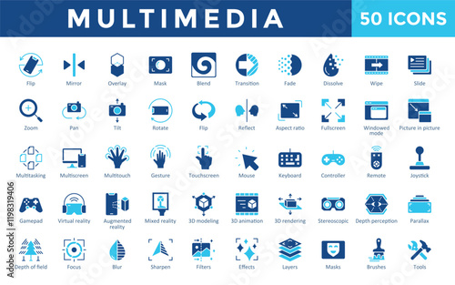 Multimedia icons set with flip, mirror, overlay, mask, blend, transition, fade, dissolve, wipe, slide icon. Simple flat vector 

