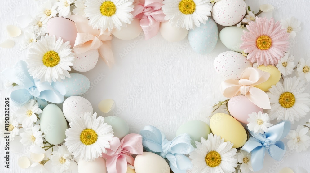 Obraz premium A cheerful Easter wreath made of daisies, eggs, and pastel bows.