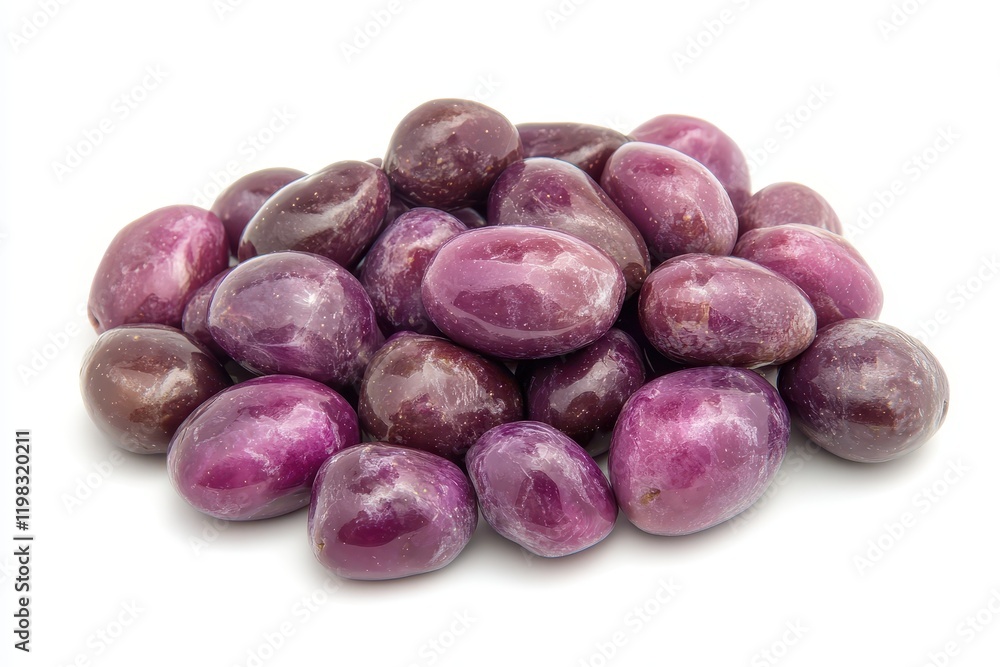 Obraz premium Isolated purple Kalamata olives on a white backdrop