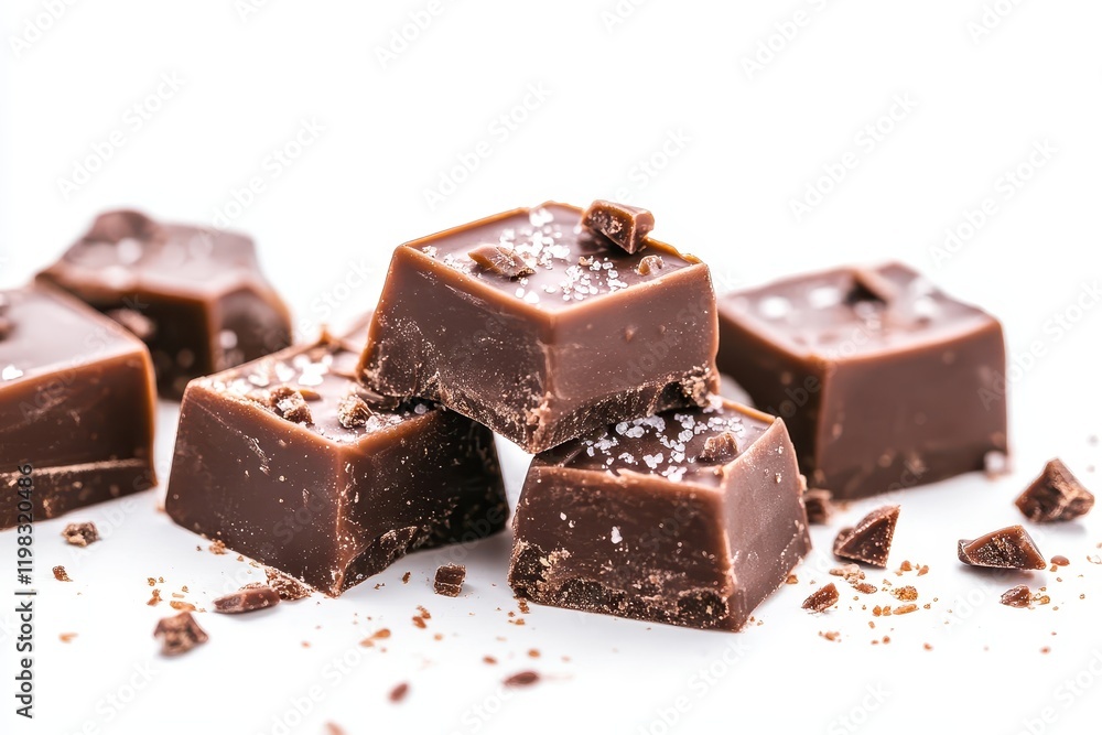 Isolated salted caramel fudge Salty caramel treats in butterscotch sauce on a white background Isolated salted caramel fudge Salty caramel treats in butterscotch sauce on a white background