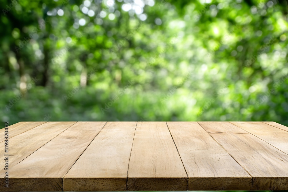 Wooden table, green bokeh background, nature scene, product display Wooden table, green bokeh background, nature scene, product display